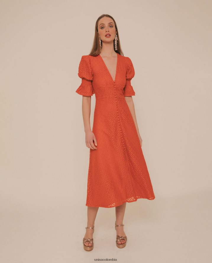 co Unisa mujer vestido midi de encaje matizado naranja F0X80H1259